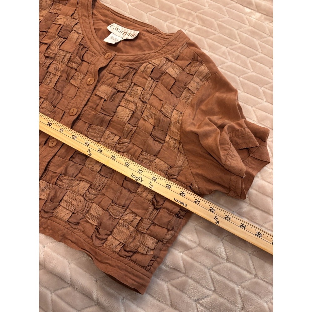 Y2K Whimsigoth Smocked Texture Button Crop Top Rust Brown Basketweave Shirt SZ L - Picture 14 of 14